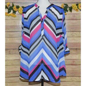 NY Collection Ladies 2X Chiffon Semi Sheer Chevron Stripe Blouse Top Half Button